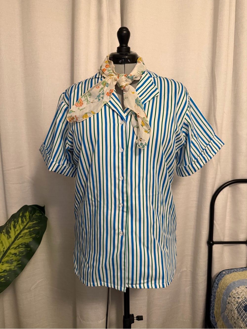 90s VTG Girls Scout Uniform | Adult Blue Green White Striped Button-Down Shirt